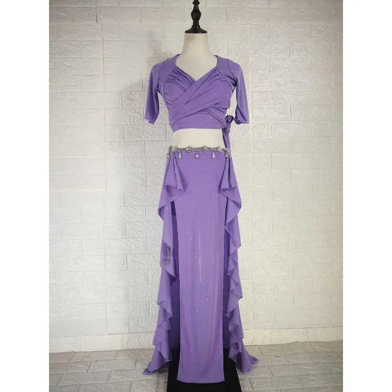 customized belly dance costume practice suit set in purple Short sleeved top with slit skirt caderines danza arabe
