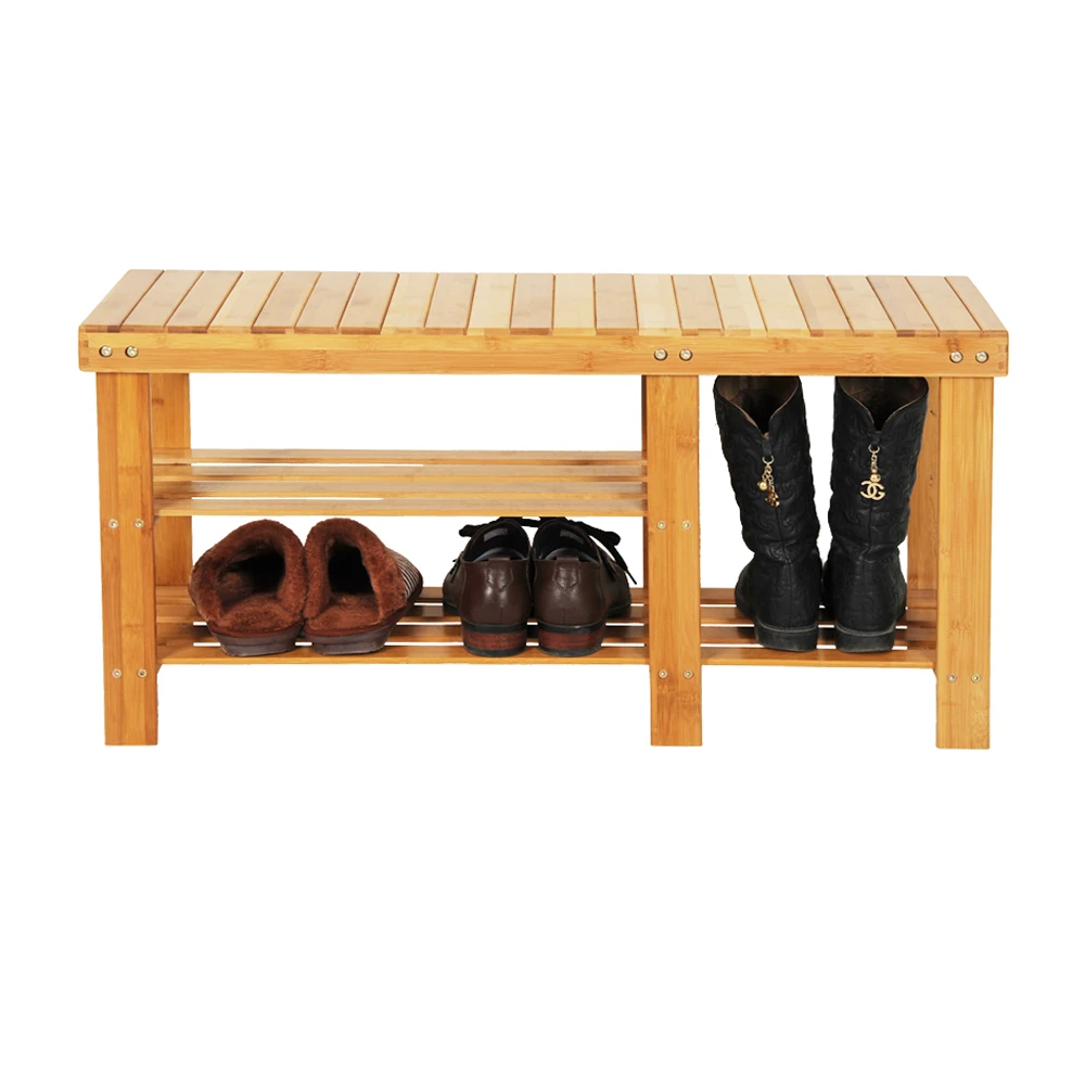 

90cm Strip Pattern Tiers Bamboo Stool Shoe Rack with Boots Compartment Wood Color