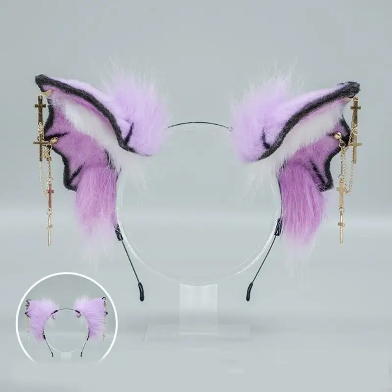 

X4YC Plush Devil Bat Hairband Halloween Animal Headbands with Chain Cosplay Hair Hoop