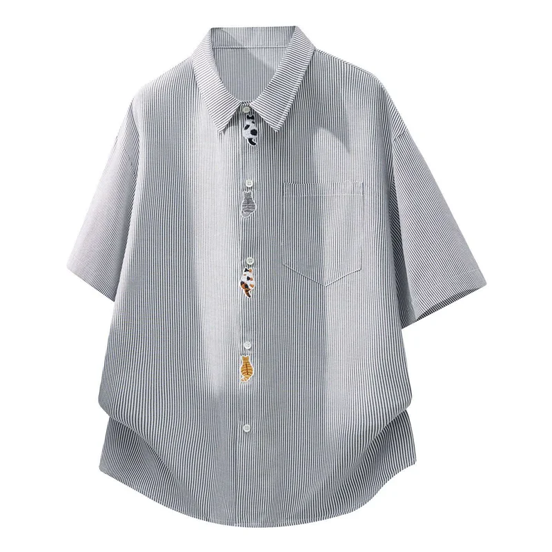 

American Cartoon Style Striped Short Sleeve Loose Fit Casual Shirt for Men Summer Turn Collar Versatile Breathable Shirt