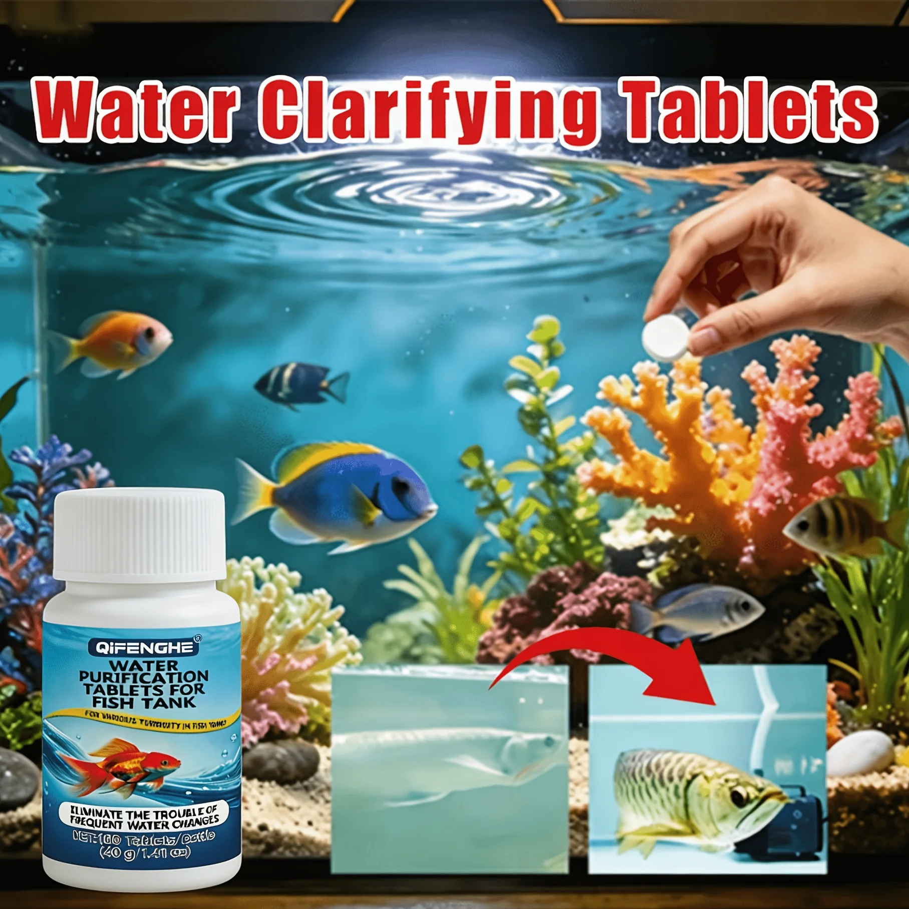 Aquarium Water Clarifier Tablets Fish Tank Cleaner Purifier Removes Cloudy Green Water Murky Dim Tank View Clarifier