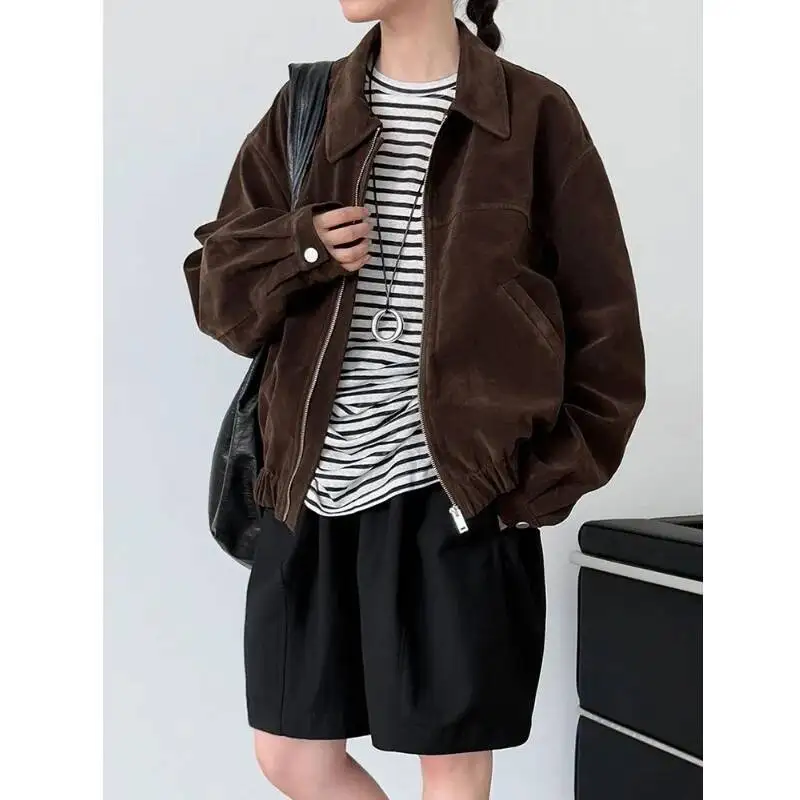 

Autumn Vintage Suede Jacket Women Turn-Down Collar Loose Zipper Long Sleeve Casual Short Coats