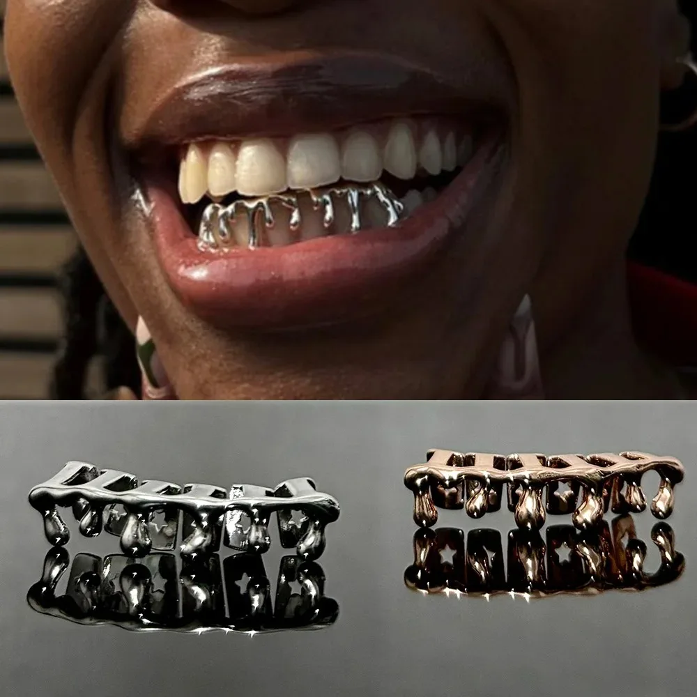 14K Gold Plated Hip Hop Water Drop Bottom Teeth Grillz Dental Tooth Caps Trendy Jewelry Gift for Men And Women
