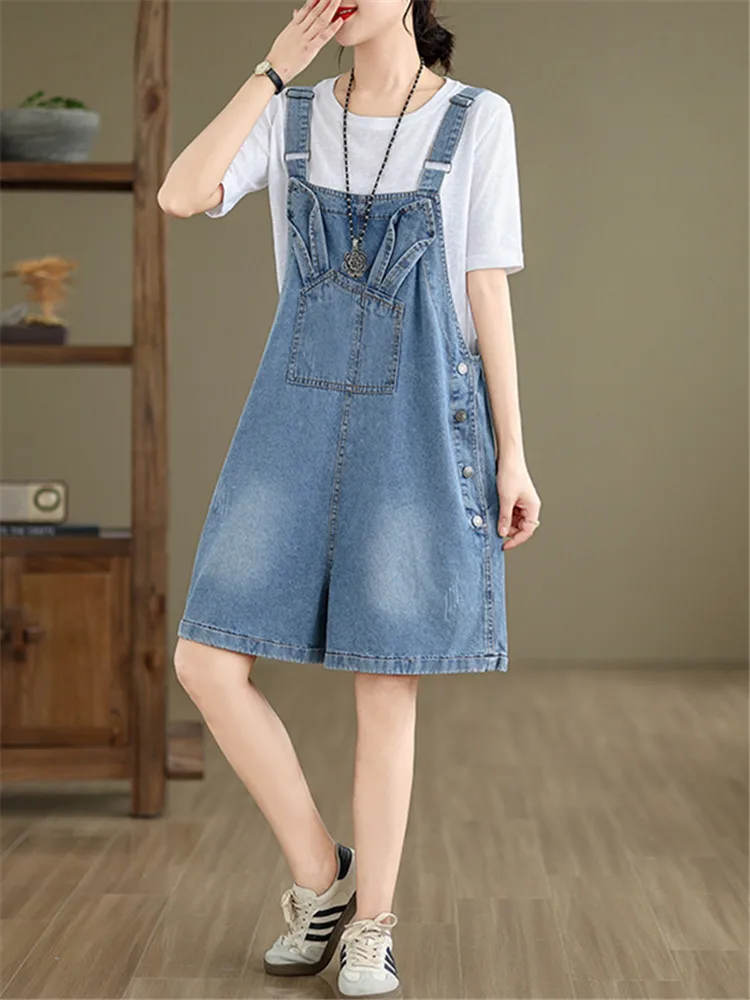 summer casual Denim Suspender Pants Women's 2024 New Shorts Autumn Korean Style Loose female Jumpsuit Jeans ropa de mujer