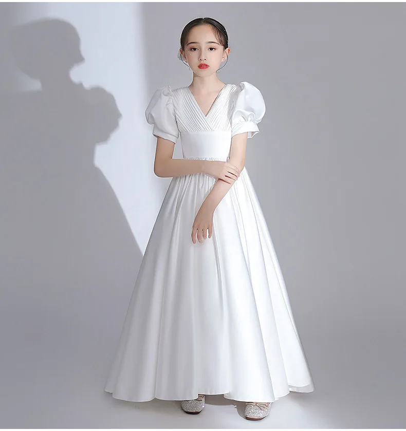 

Длинное детское платье для выступлений на фортепиано, с пышными рукавами, белое, плиссированное, для девочек, нарядное, для праздников и торжеств