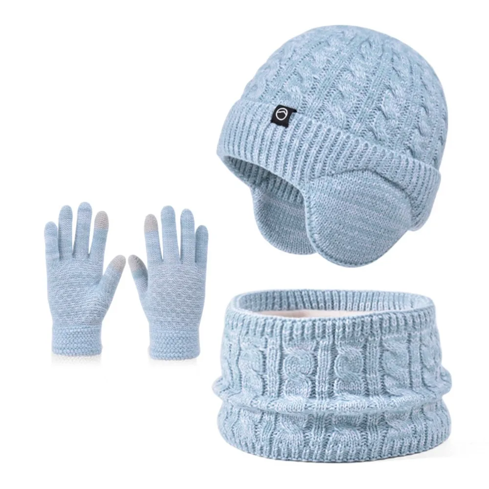 3Pcs/Set Soft Solid Color Hat Scarf Gloves Set Earflap Winter Pullover Hat Warm Thickened Ear Protection Caps Boy/Girl