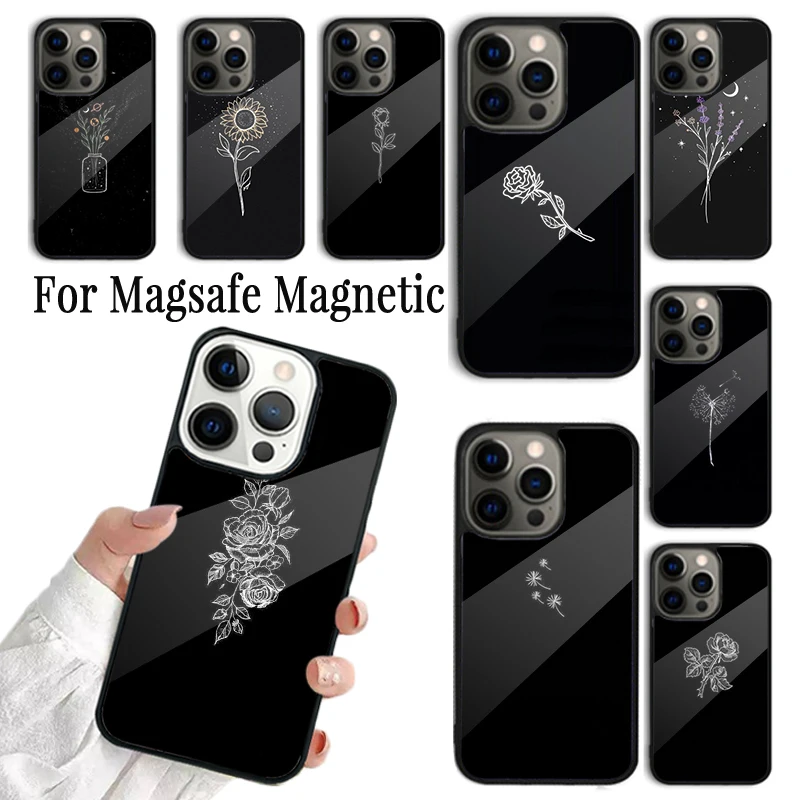 Coque Phone Case For iPhone 16 15 14 13 12 11 Pro Max Plus Magsafe Magnetic Wireless Charging Cover Minimal Aesthetics Flowers