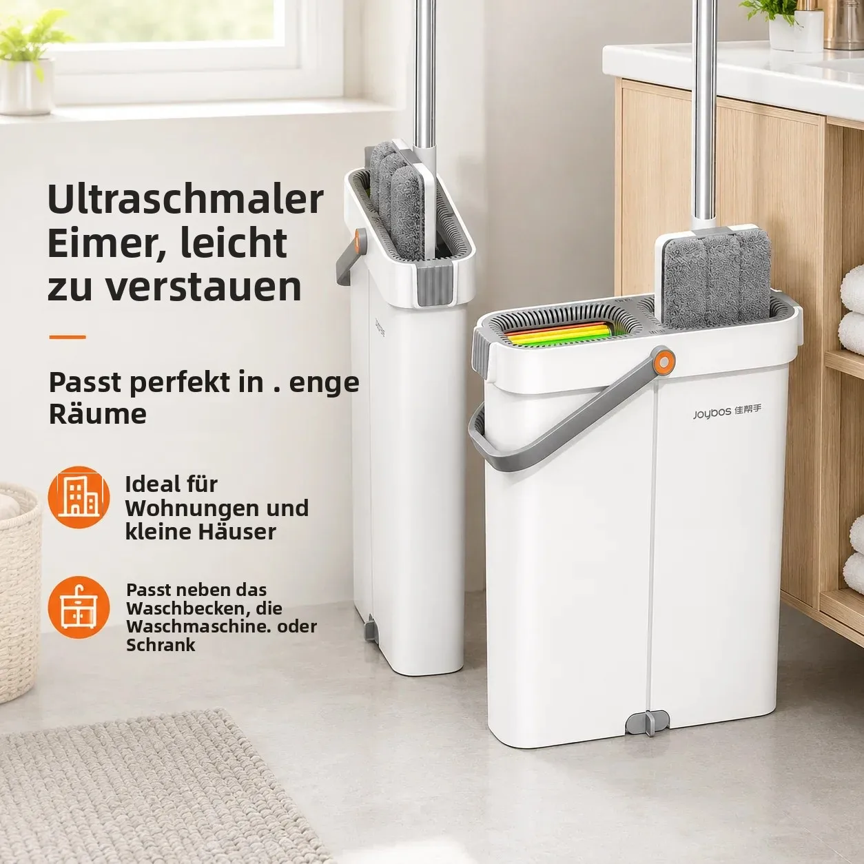 Joybos Ultra-Slim Flachmopp-Set mit Eimer 360° °   Schwenkbares, freihändiges Wasch- und Trocknungssystem mit 2 Mikrofaser-Pads für Hartholz, Fliesen und Laminat