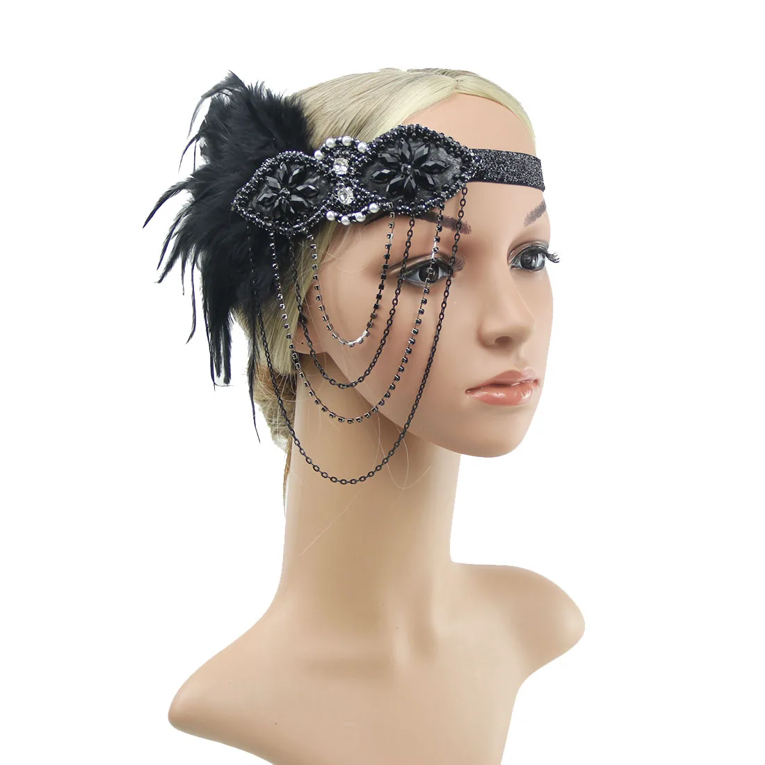 

Hair Accessories Black Rhinestone Beaded Sequin Hair Band 1920s Vintage Gatsby Party Headpiece Women Flapper Feather Headband