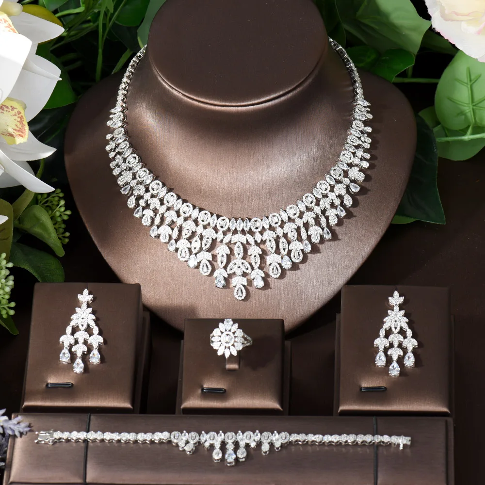 HIBRIDE 4pcs Shiny Yellow Cubic Zirconia Necklace Earring Sets For Women Luxury Nigeria Dubai Bridal Wedding Party Jewelry N-852