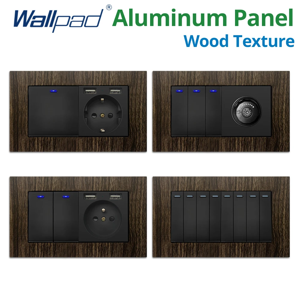 Wallpad Aluminum Panel Wood Texture 1 2 3 Gang 2 Way Reset Wall Light Switch With LED Dimmer USB EU Socket 146*86mm 110 220V