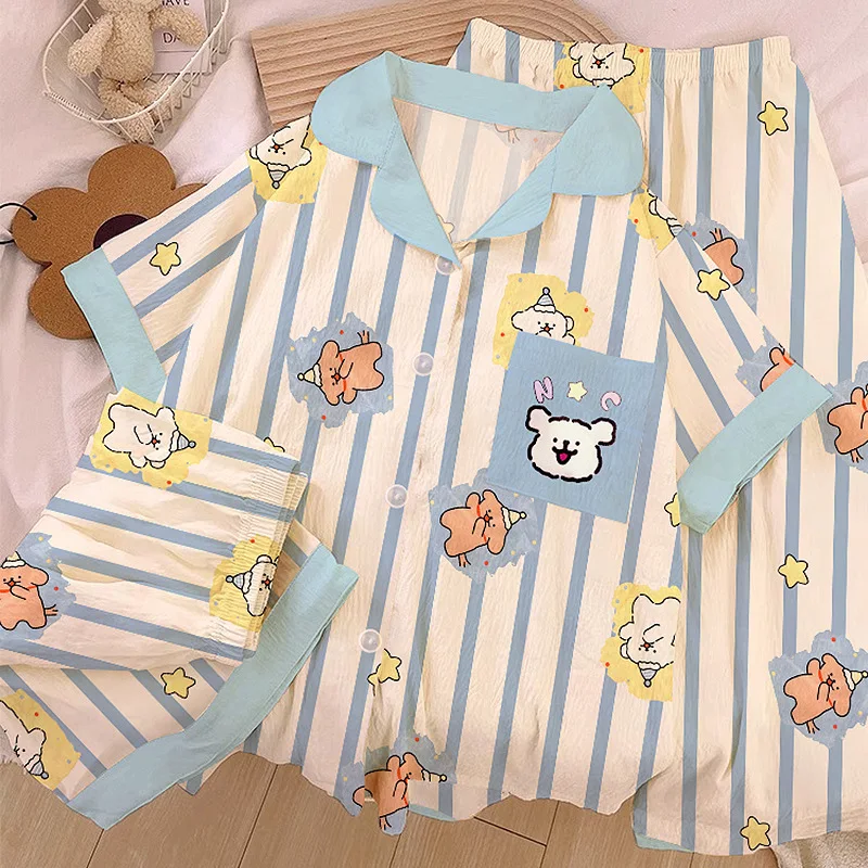 

Spring and Summer New Women's Three-Piece Pajamas Homewear Girls Students Cartoon Small Fresh Clouds Cotton Short-Sleeved Pajama