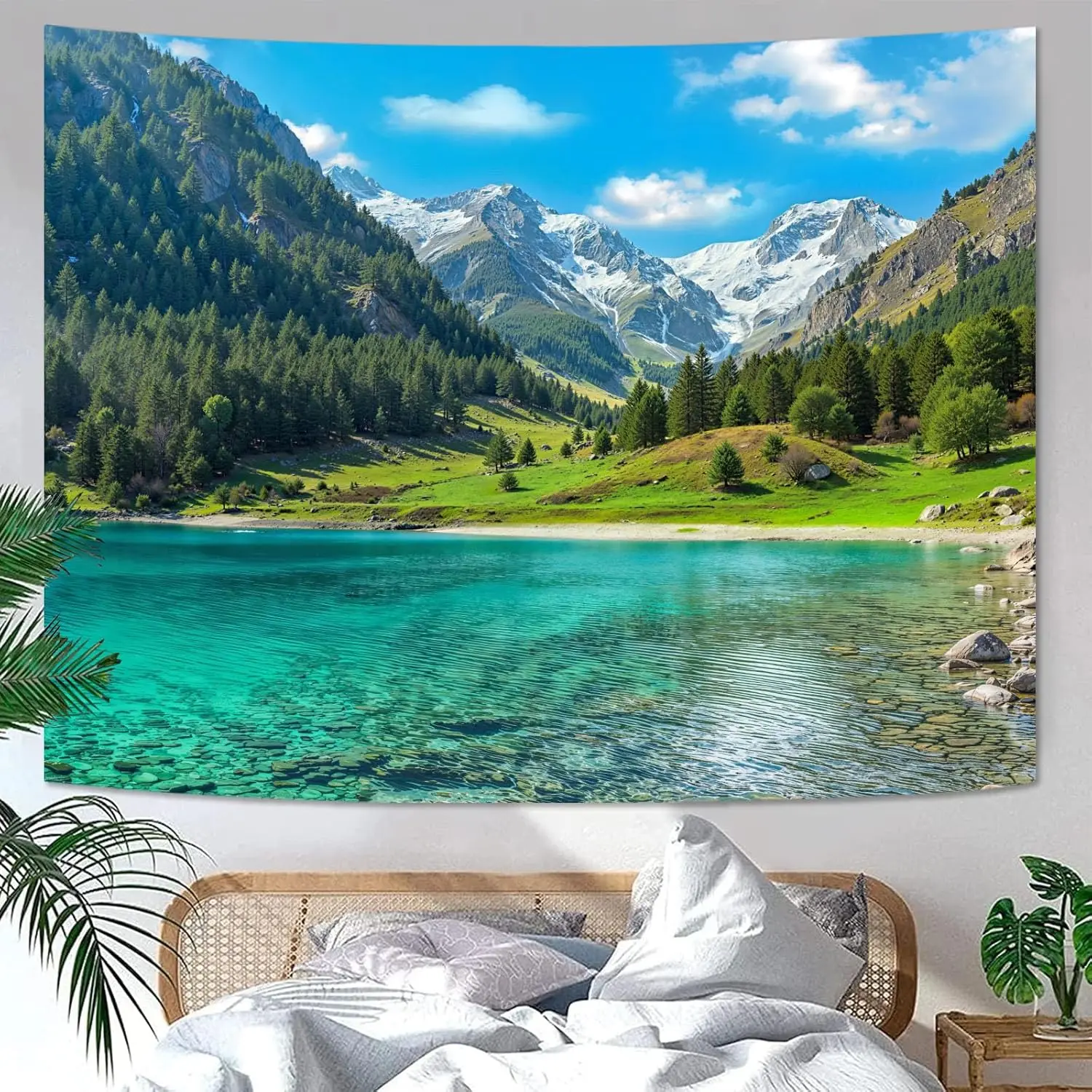 Nature Forest Mountain Tapestry Lush Green Pine Tree Lake Tapestry for Bedroom Aesthetic Meadow Mountain Landscape Small