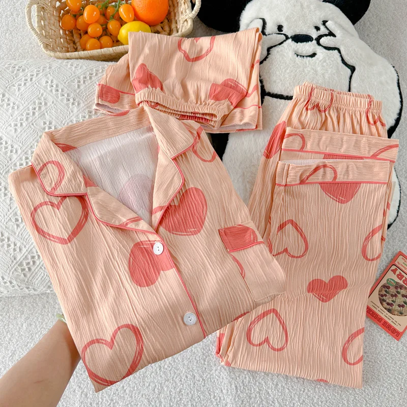 

Женские летние пижамы, комплект из трех предметов, одежда для сна для отдыха, одежда для сна с короткими рукавами и лацканами, домашняя одежда с милым сердечком, женская свободная одежда для дома