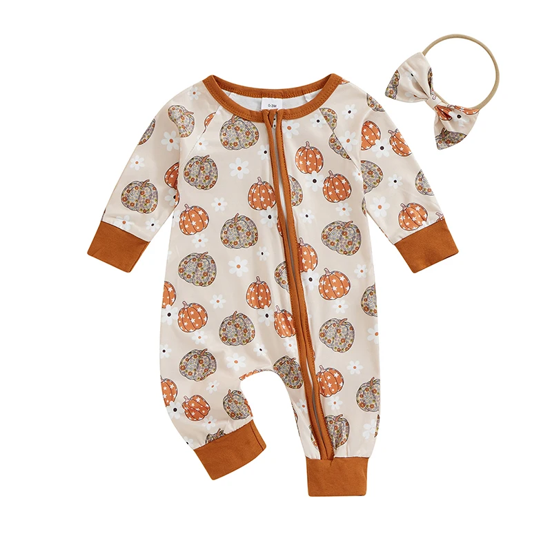 

Baby Girl Halloween Bodysuits Pumpkin Daisy Print Zip Up Long Sleeve Fall Romper Headband Outfits