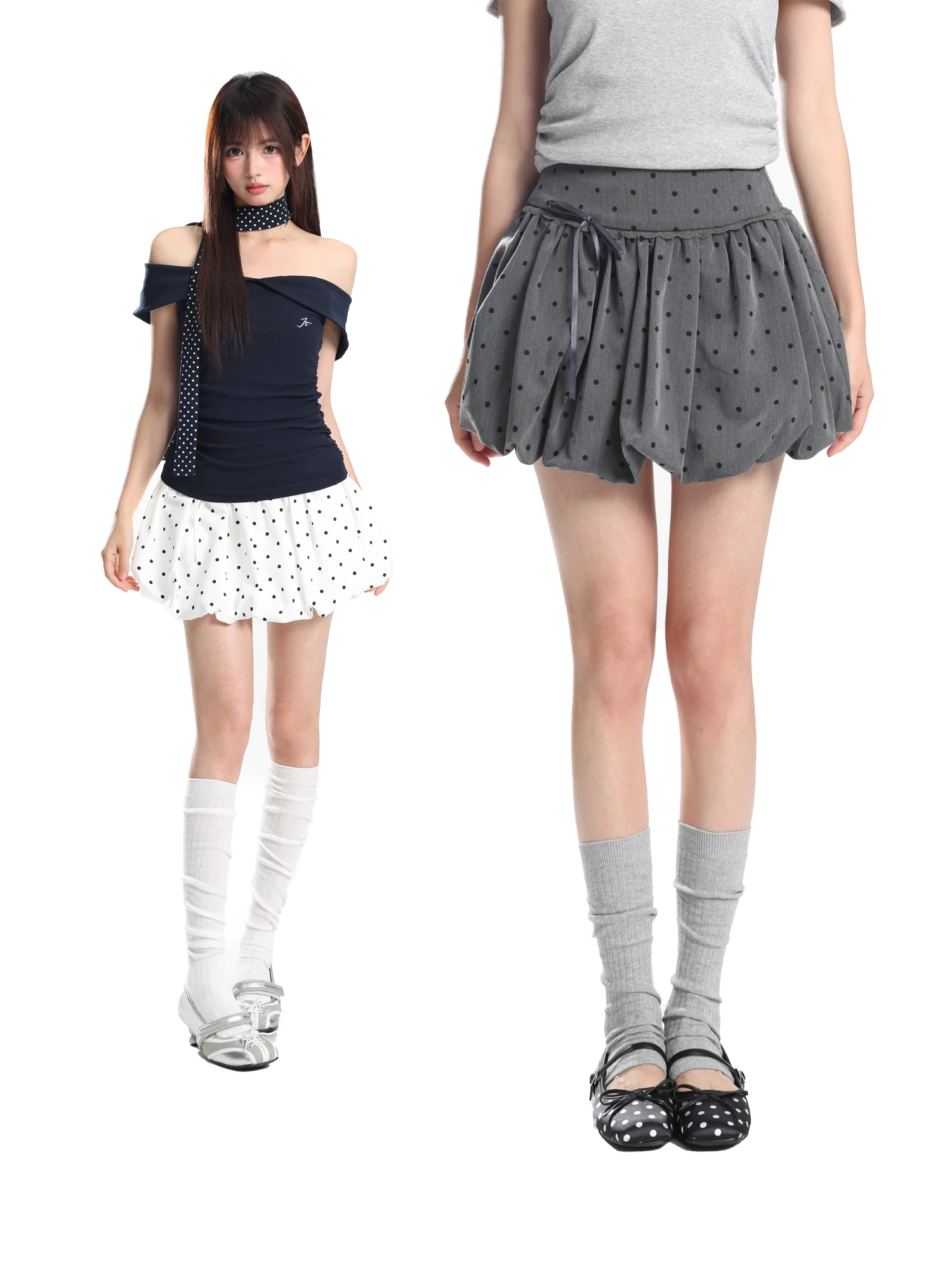 

Серая юбка-блумер в горошек с завышенной талией, пышная, А-силуэта, с узлом, летняя, повседневная, стройнящая