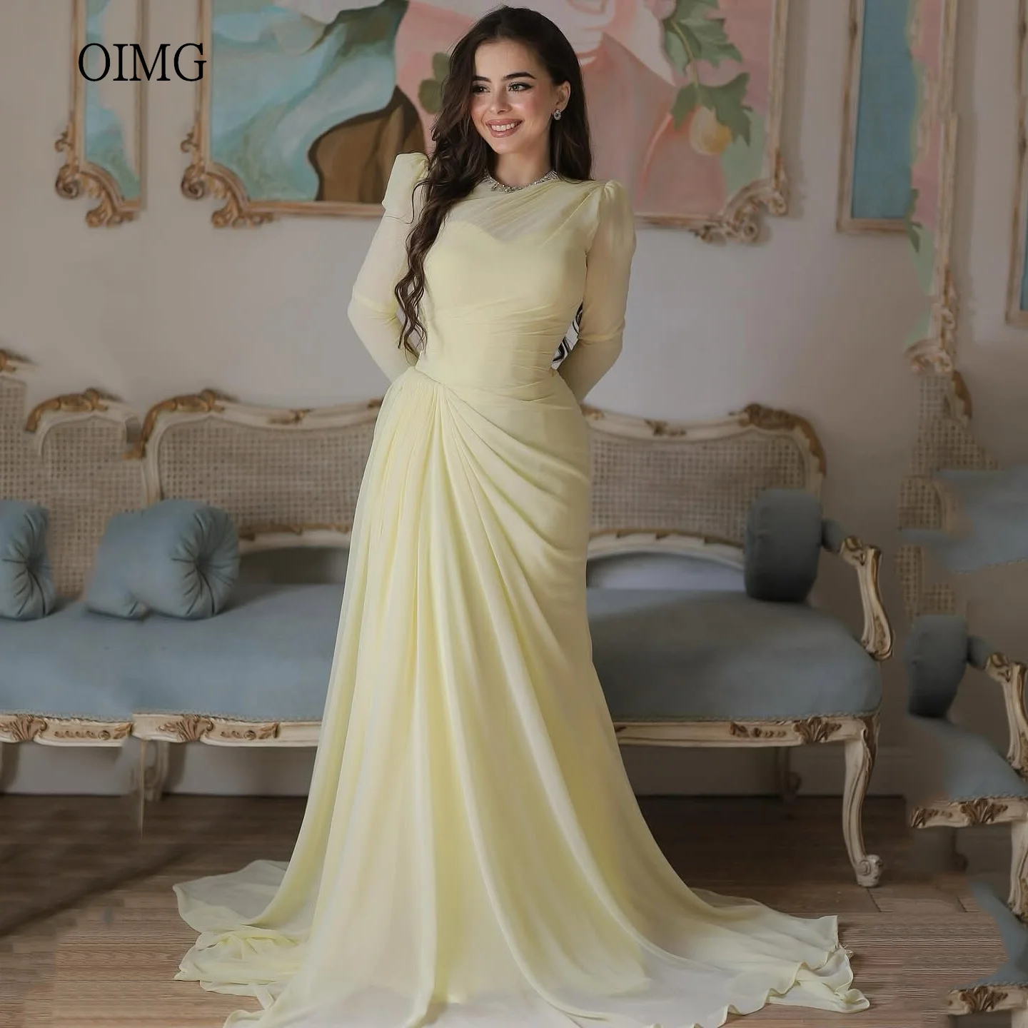 

OIMG Желтое платье для выпускного вечера с круглым вырезом и бисером, вечернее платье с длинными рукавами, длиной до пола, вечернее платье, свадебное платье по индивидуальному заказу