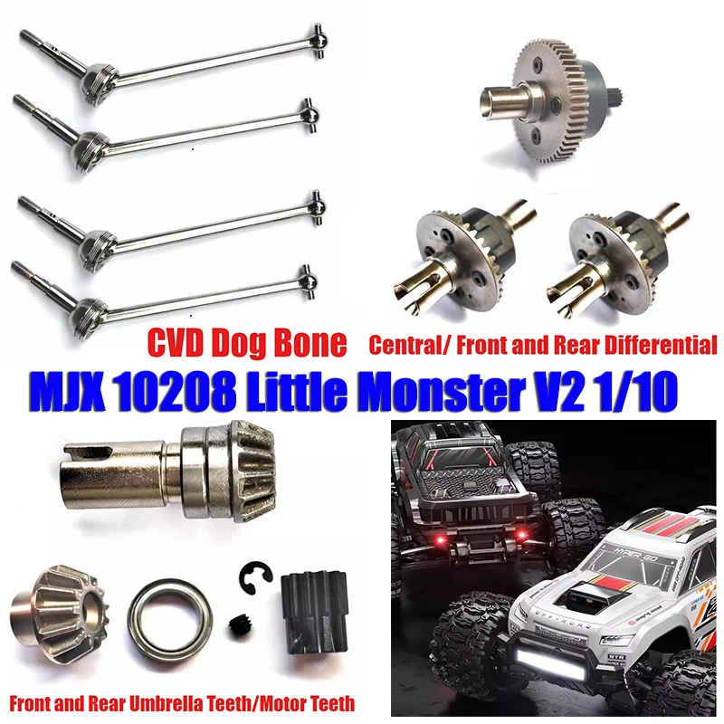 MJX 10208 Little Monster V2 1/10 RC Peças de carro CVD Dog Bone Central/Diferencial dianteiro e traseiro/Dentes de motor de guarda-chuva