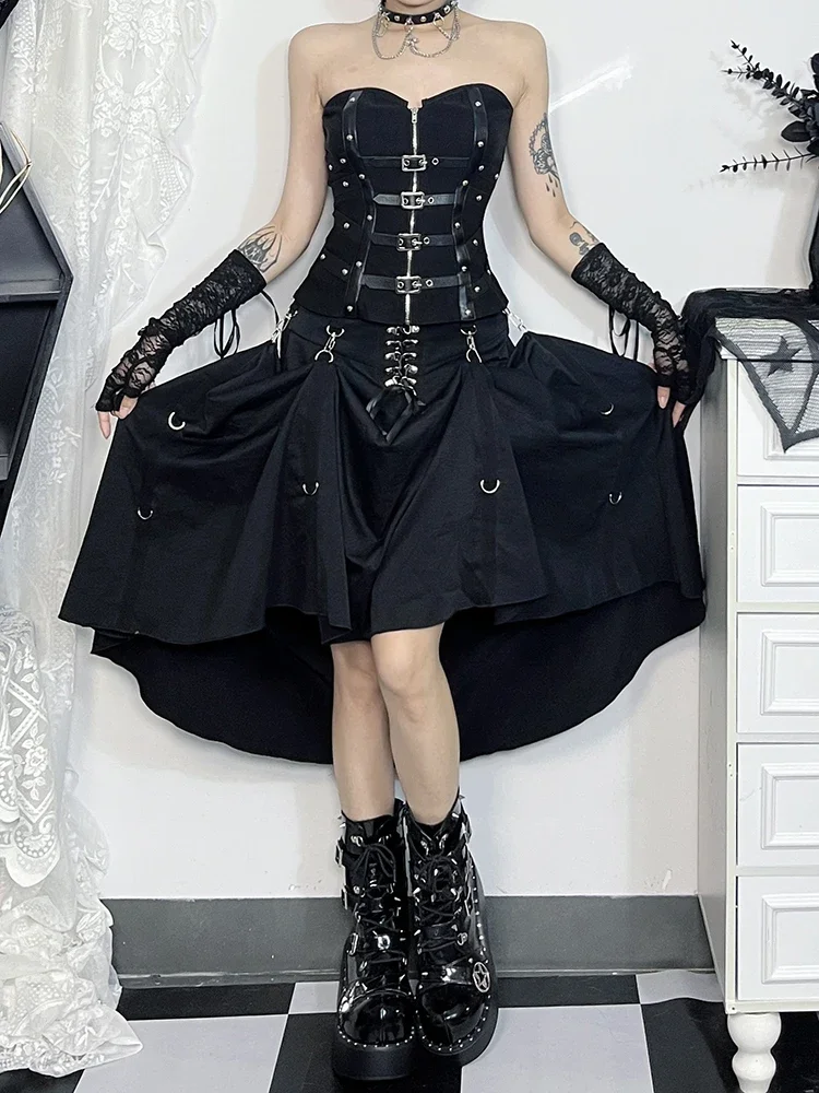 AltGoth Streetwear Gothic Skirt Women Harajuku Emo Alternative Grunge High Waist Bandage A-line Skirt Y2k E-girl Indie Clothes