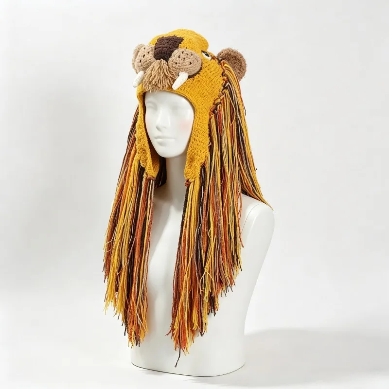 Handmade Orange Lion shaped Hat Men Custom Crochet Colorful Tassel Knitted Beanie Earflap Women Cosplay Party Halloween Caps Boy