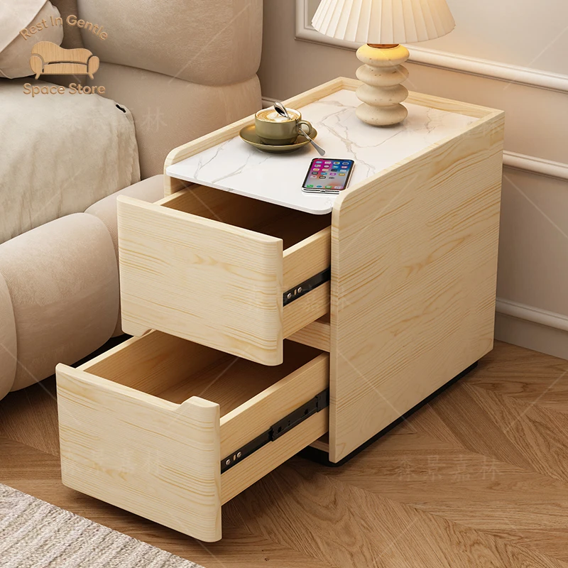 Installation-free all-solid wood leather bedside table, small bedroom, household ultra-narrow bedside table, new light luxury mi