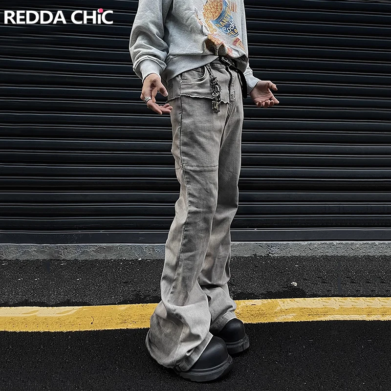 

REDDACHiC Raw Edge Patchwork Flare Jeans Men Retro Gray Dirty Wash Elastic Wide Leg Casual Bootcut Pants Grunge Y2k Streetwear