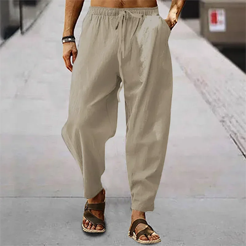 

All Seasons Men's Casual Cotton Linen Pants Loose Fit Straight Wide Leg Hip Hop Drawstring Trousers