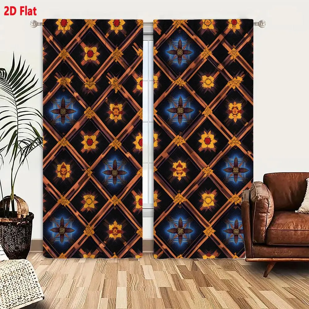 2Pcs Curtains 2D Flat Dark Background Ornate Geometric Pattern With Interlocking Diamond Shapes Golden Brown Outlines And Yellow