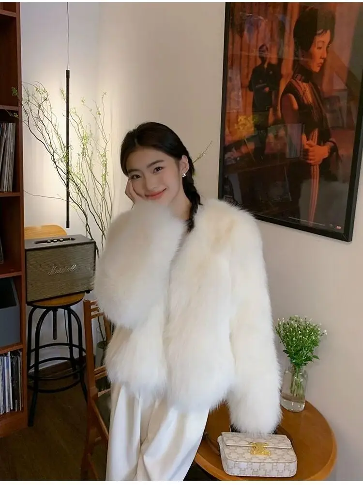 سترة من فرو الثعلب صديقة للبيئة للنساء، قصيرة وسميكة ودافئة، متعددة الاستخدامات للشتاء، ياقة على شكل V، أكمام طويلة، مقاس قيا...
