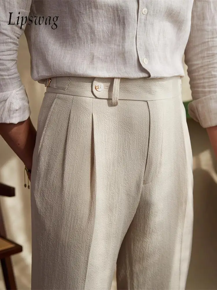 Classic Men's Solid Color High Waist Pants Spring Autumn Fashionable Pleated Slim Straight Trousers For Men Office Casual Pants