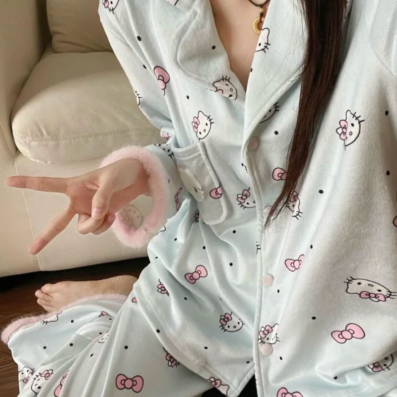 

Sanrio Hello Kitty женские пижамные комплекты для сна Kawaii мультфильм зимняя теплая одежда для сна с длинными рукавами брюки ночное белье De Rong домашний костюм
