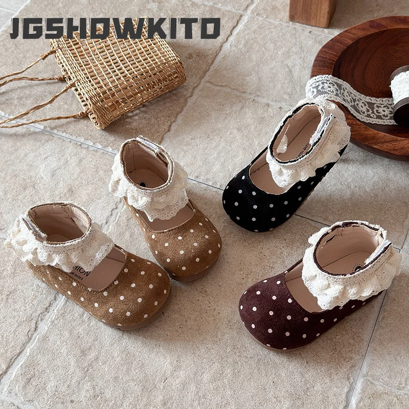 JGSHOWKITO Children Retro Flat Shoes Chic Lace Ruffled Edge Girls Princess Leather Shoes School Daily Kids Dress Mary Jane Shoes