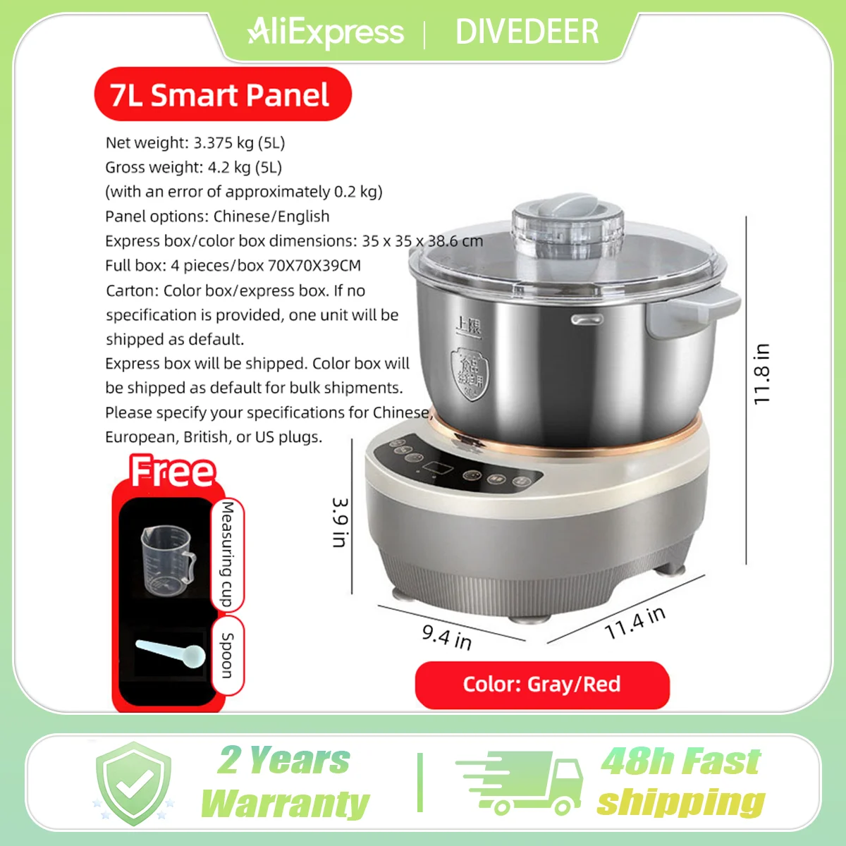 DIVEDEER Teigkneter 5L/7L Elektrischer Kneter mit Fermentationsfunktion Teigmixer Fermentationstemperatur 25-38°C ° C/77-100 ° F