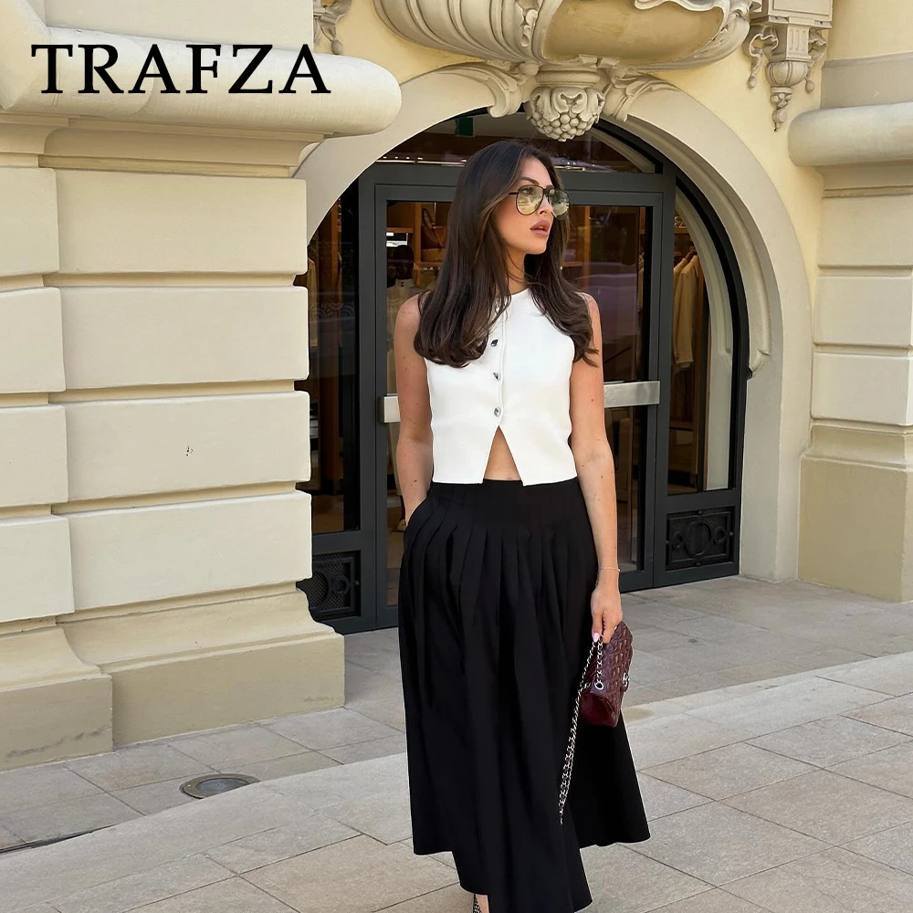 TRAFZA 2024 wiosna lato Casual kobiety moda bluzki z dzianiny Vintage jednokolorowa bez rękawów bez rękawów elegancka damska topy z guzikami