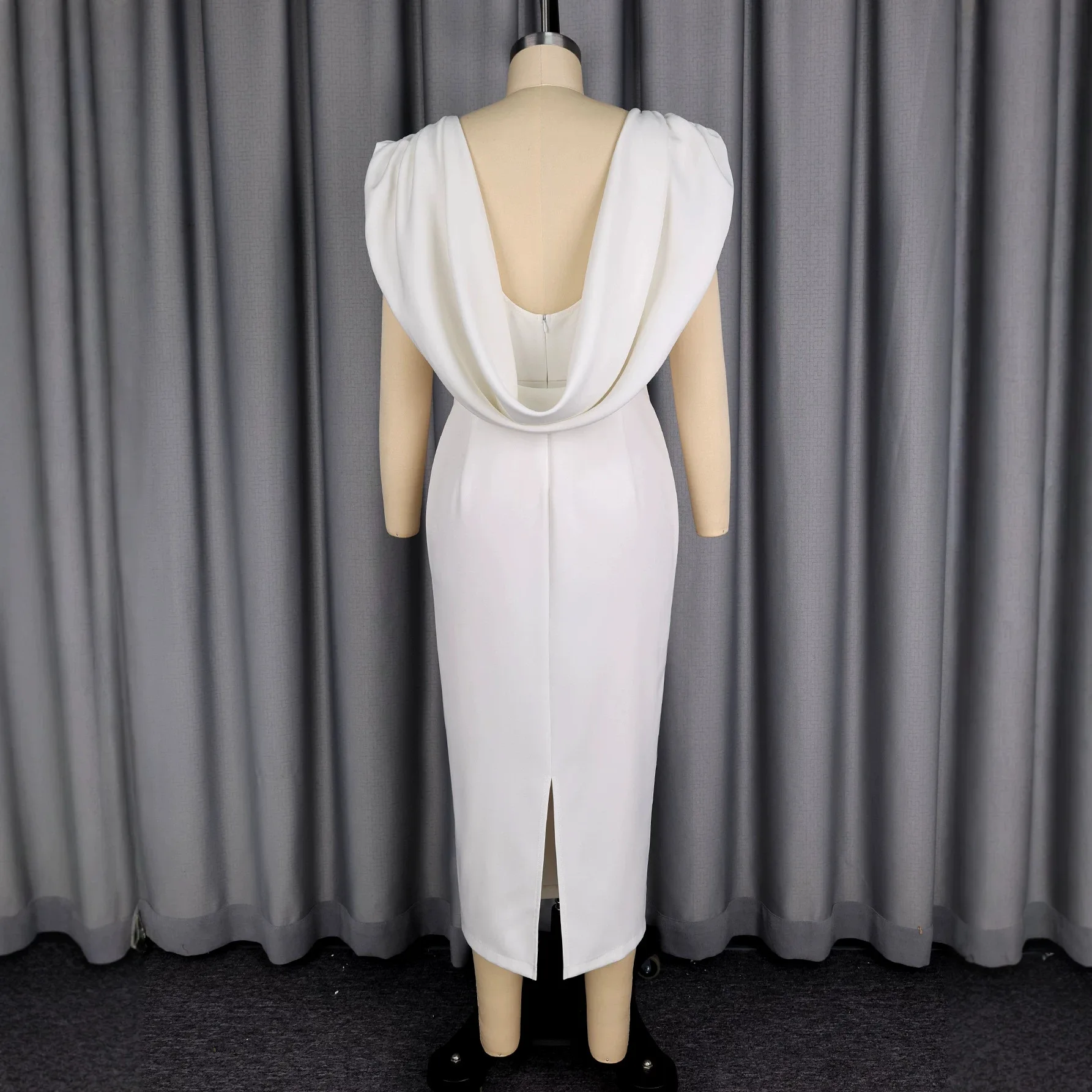 Plus Size Women's White Turtleneck Bodycon Sleeveless Ruffle Neck Waist Slim Fit Midi Dress Evening Dresses view 4