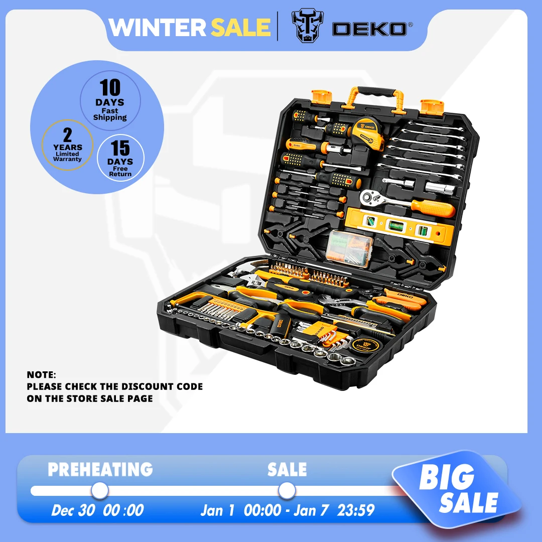 DEKO-Auto Repair Conjunto de Ferramentas Misturado com Toolbox Plástico, Chave Soquete, Combinação Pacote, Hand Tool Kit, Estojo, 228Pcs