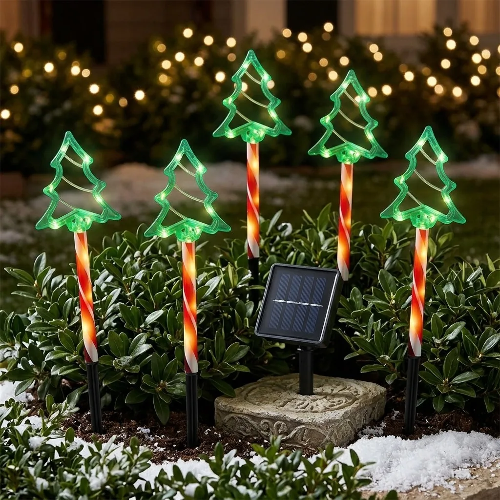 5Pcs Acrylic Christmas Pathway Stake Lights, Hollow Christmas Tree Shape, Solar Powered LED Green Light, Outdoor Waterproof Gro