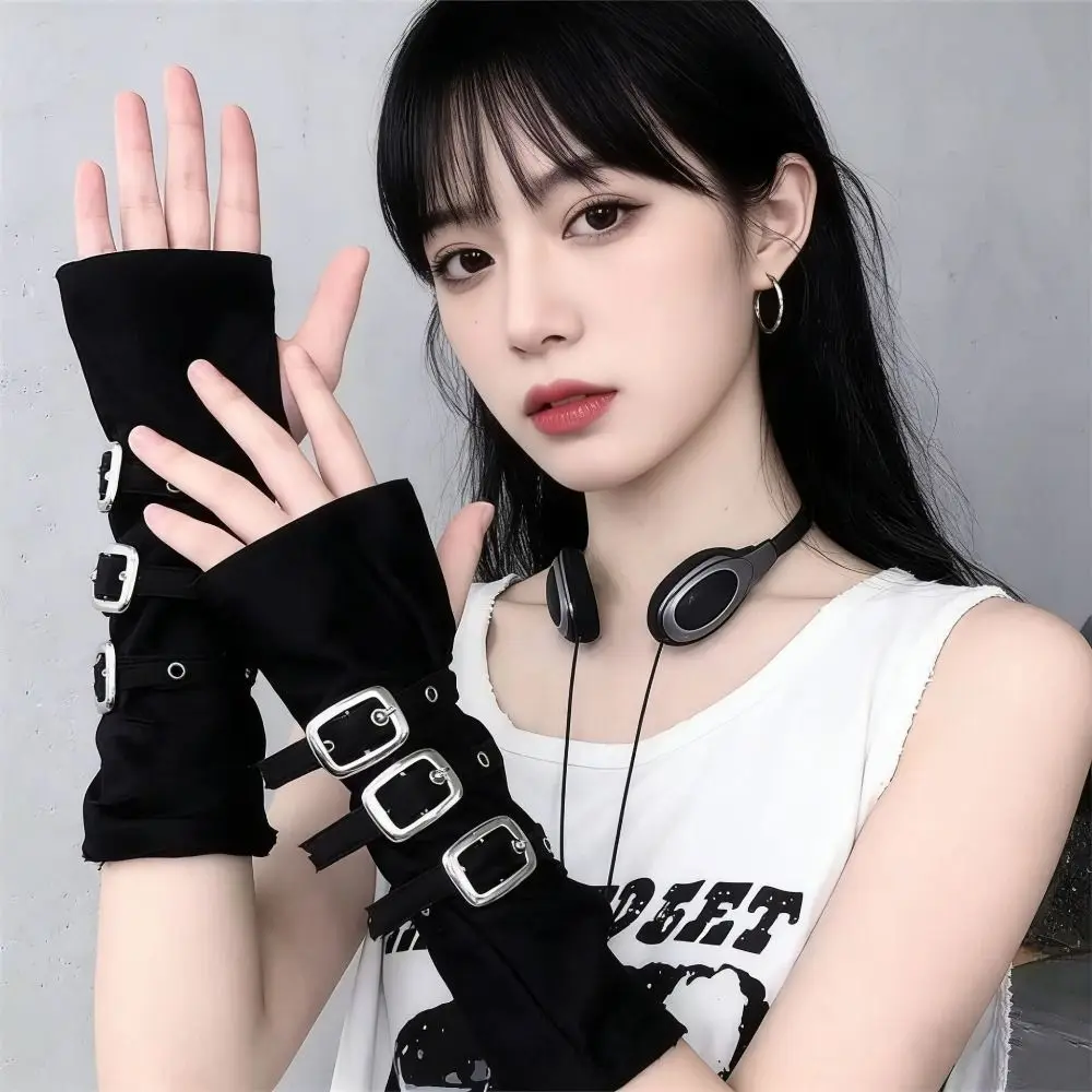 Charm Black Fingerless Gloves Gothic Exaggerated Metal Button Gloves Hip Hop Party Buckle Design Street Dance Gloves Unisex