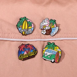 Let's Go To Beach Enamel Pins Born To Surf Coconut Tree Hawaii Sunset Brooches