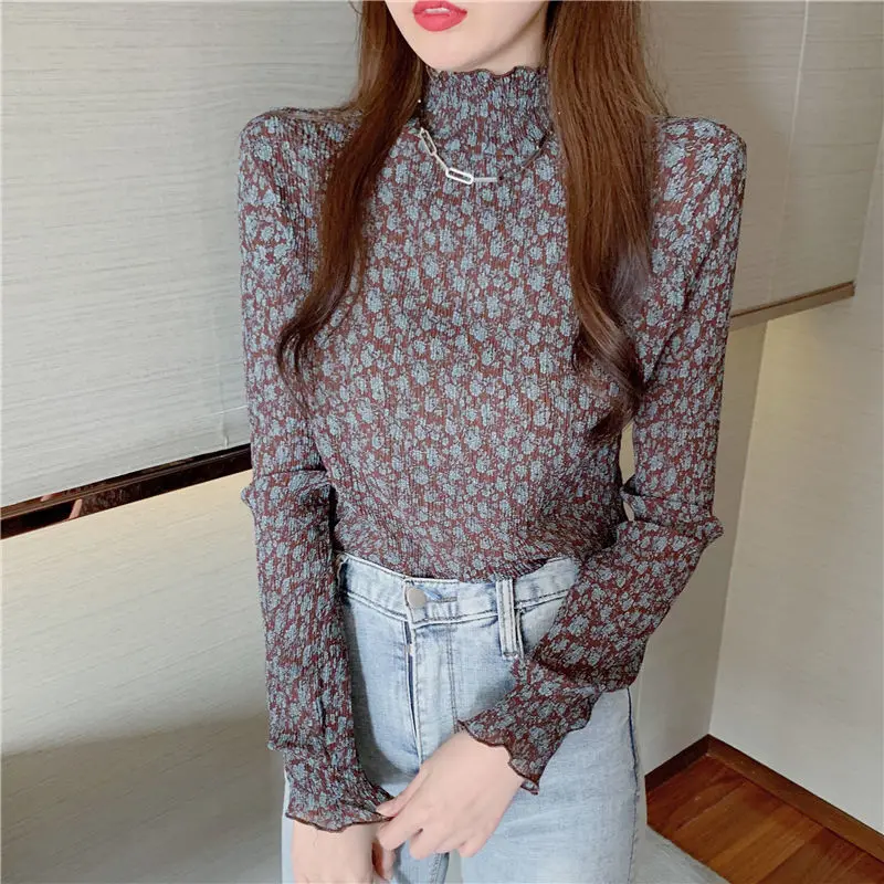 

Elegant Ruffled Neck Printed Folds T-Shirt Women's Clothing 2023 Autumn Winter Loose Korean Tops Butterfly Sleeve Tee Shirt