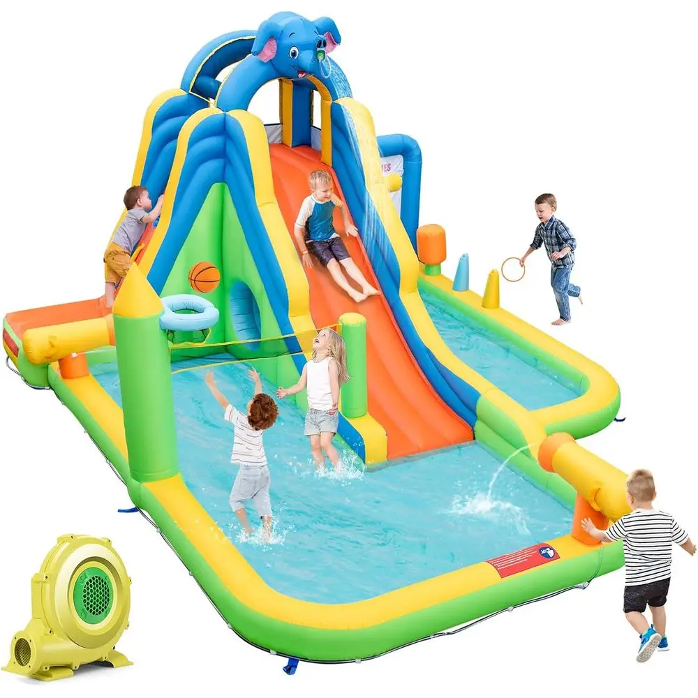Iatable Water Slide, 9-in-1 Giant Waterslide Iatables Water Park w/Splash Pools, Tic Tac Toe & Climbing Wall, Outdoor Blow