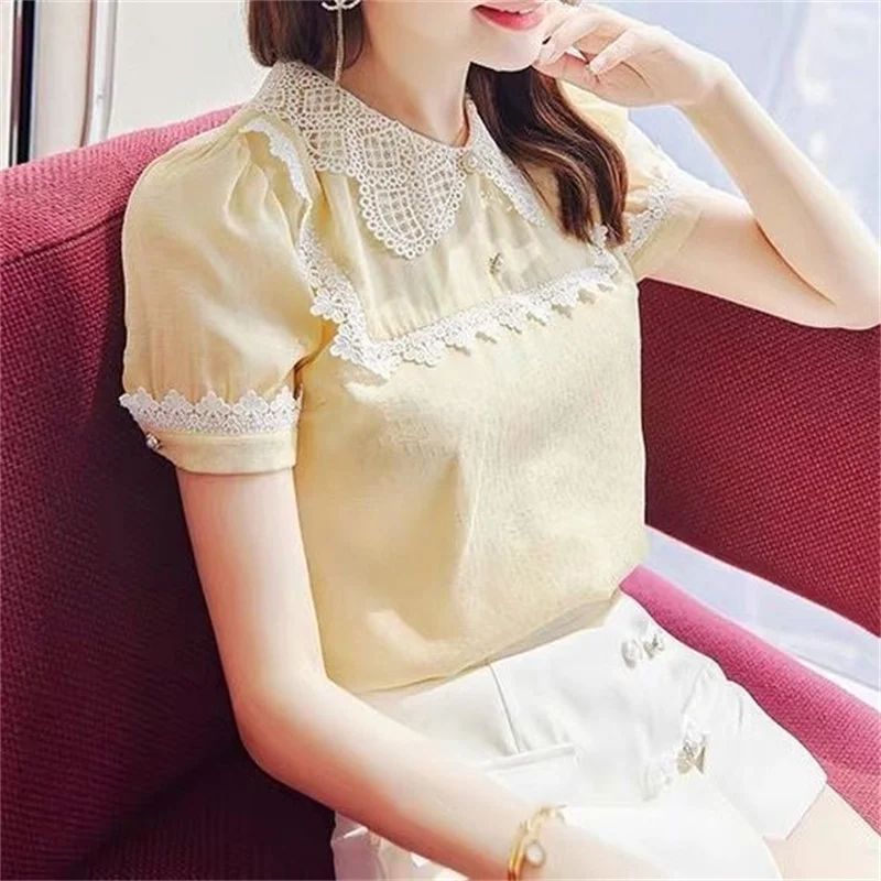 Woman Spring Summer Style Blouses Shirts Lady Casual Short Puff Sleeve Turn-down Collar Blusas Tops G2636