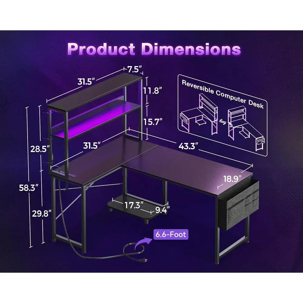 43 H L Shaped Desk With Led Lighting, Reversible Gaming Desk With Power Outlets, Cornor Computer Table With Storage Shelves &