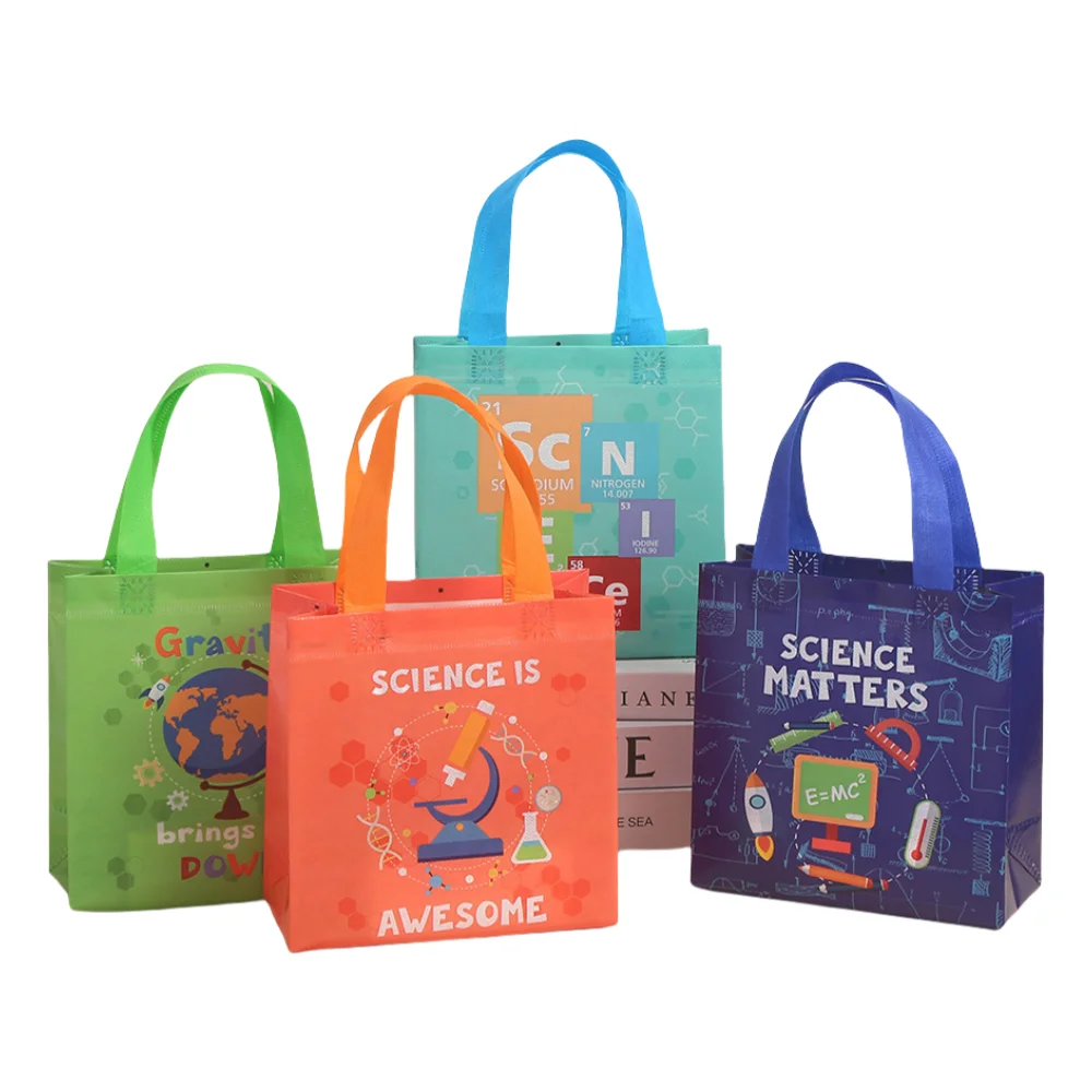 Science Theme Pattern, Non Woven Waterproof Eco-friendly Tote Bag, Candy, Snacks, Chocolate, Toys, School Activities, 12Pcs