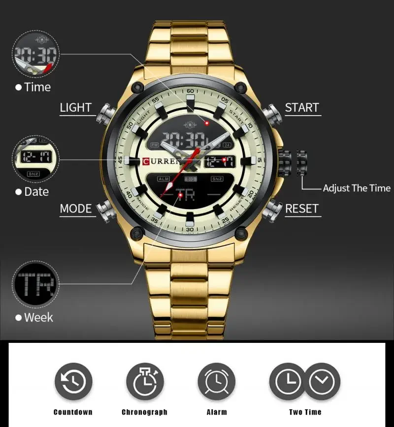 CURREN-relojes digitales deportivos de cuarzo para hombre, pulsera multifunción de acero inoxidable con pantalla Dual, Led luminosa, 8404