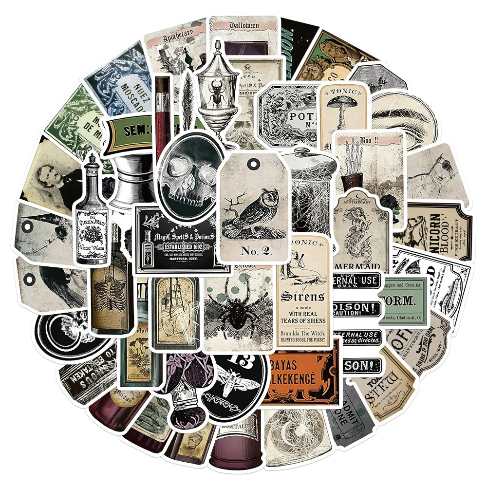 10/30/50pcs Retro Potion Bottle Labels Stickers Cool Gothic Decals Decoration DIY Suitcase Water Bottle Phone Waterproof Sticker