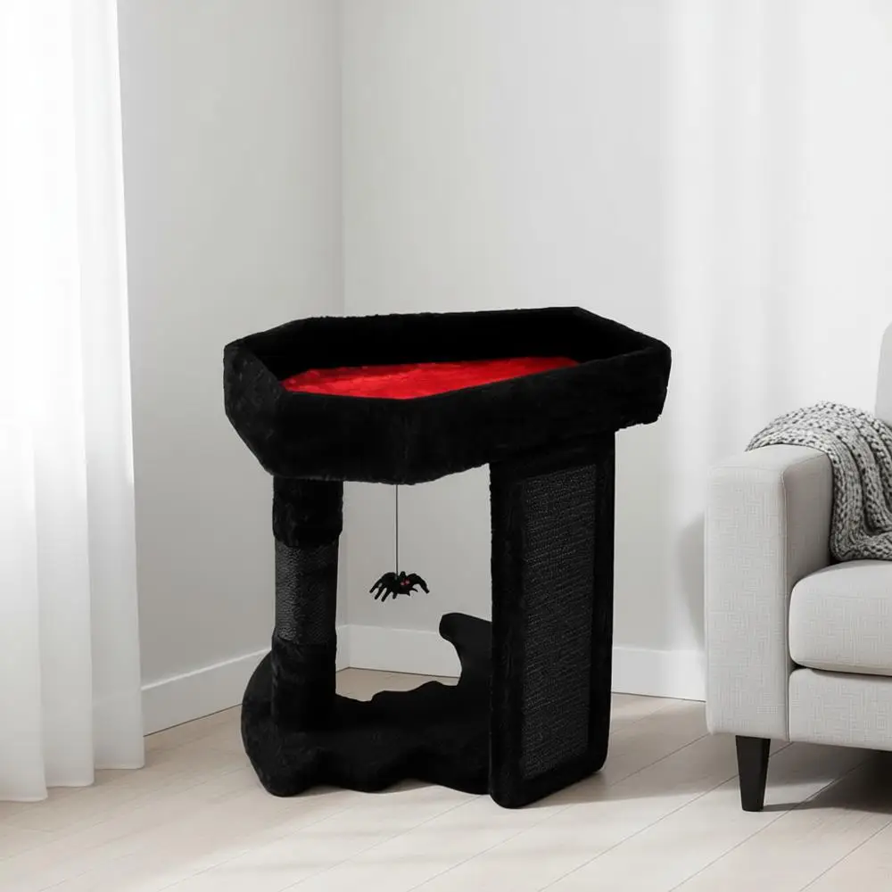

Gothic Cat Tree Tower with Coin Cat Bed, Spooky Cat Scratcher, Sisal Scratching Post and Dangling Toys, Black with Red