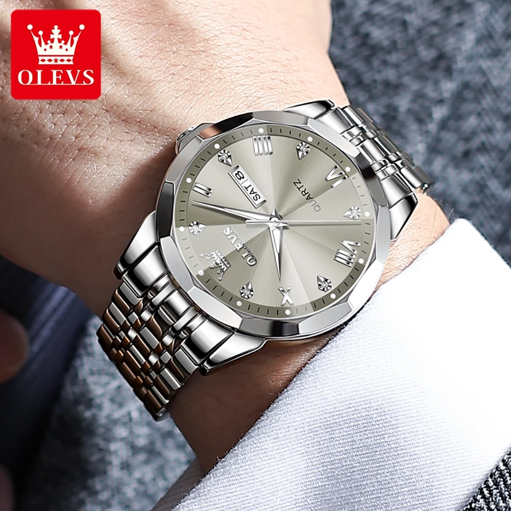 ساعة يد OLEVS للرجال مرآة أصلية أصلية للرجال ساعة يد من الفولاذ المقاوم للصدأ مضيئة مقاومة للماء ساعة يد رجالية بتاريخ الأسبوع