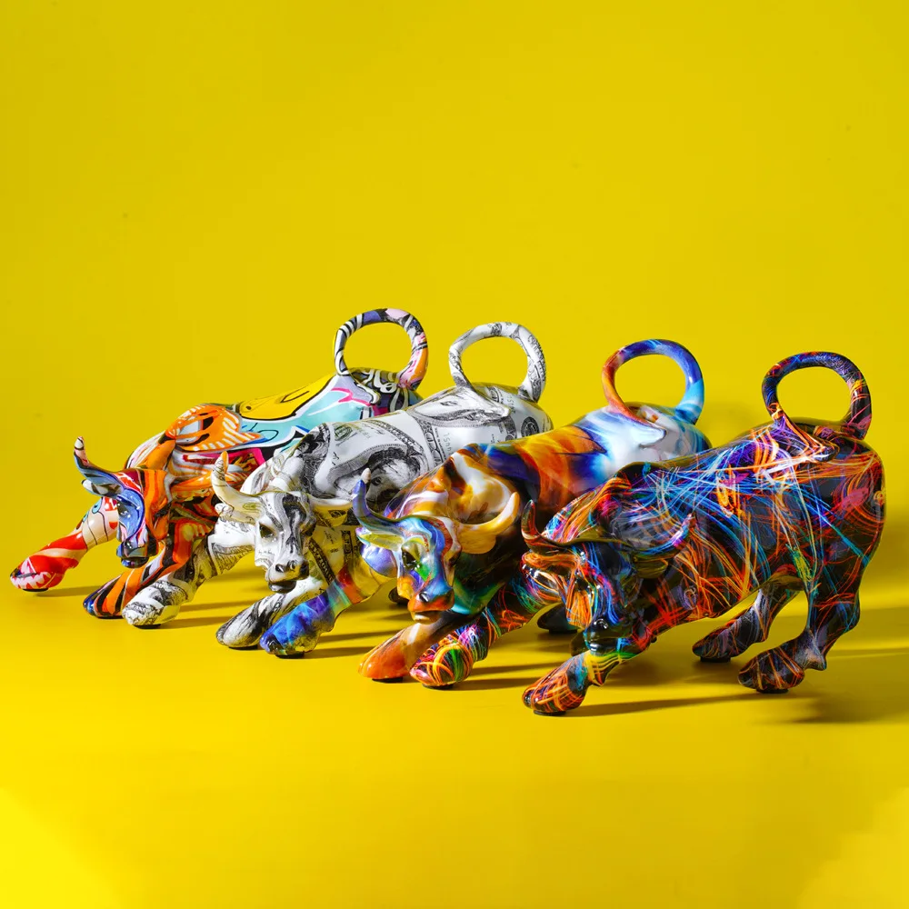 Bull Statue Handcrafted Resin European Colorful Decor Water Transfer Printing Creative Graffiti Art for Living Room Entryway