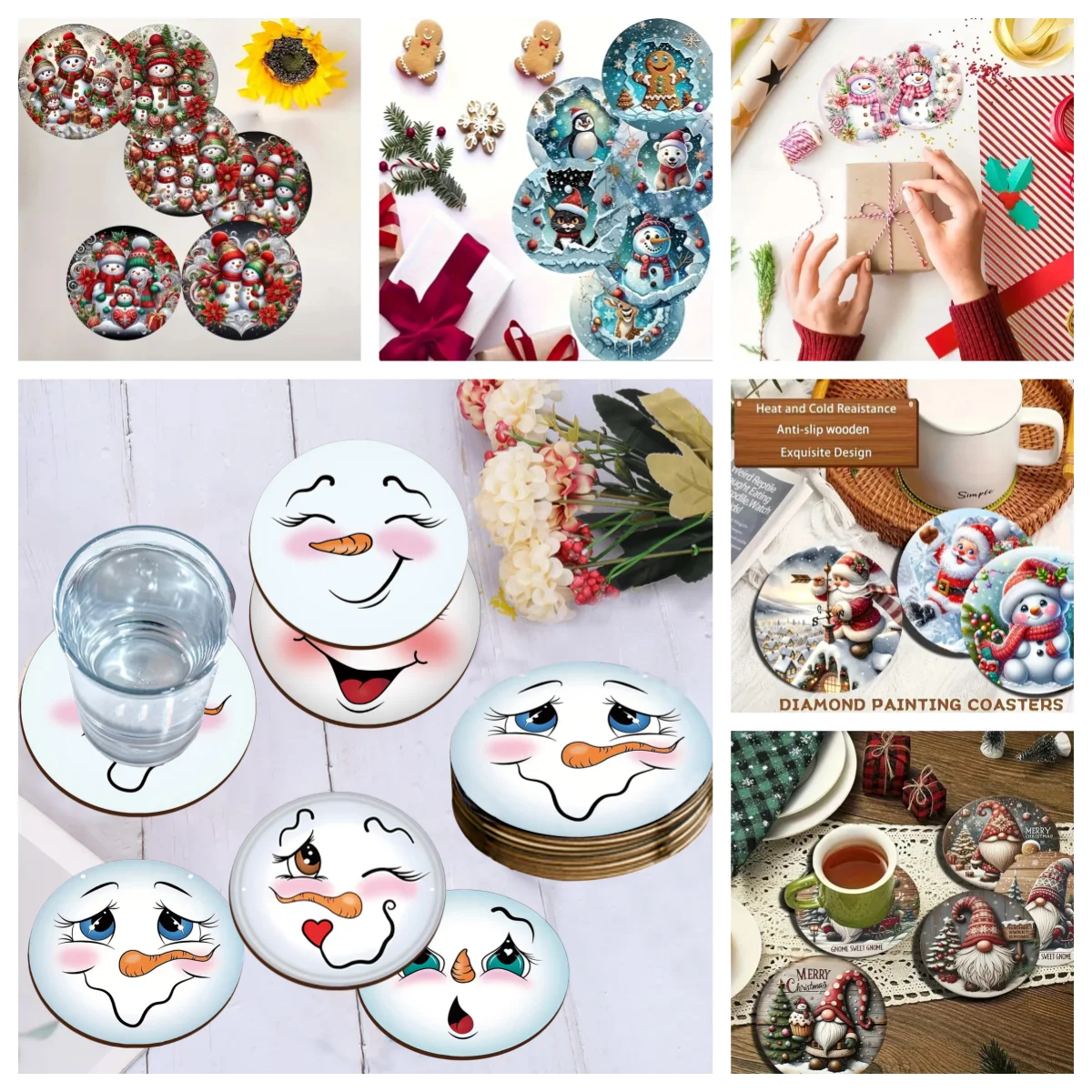 6 Snowman-patterned round wooden anti-slip and heat-insulating coasters, office/kitchen/decorative cup holders, New Year gifts